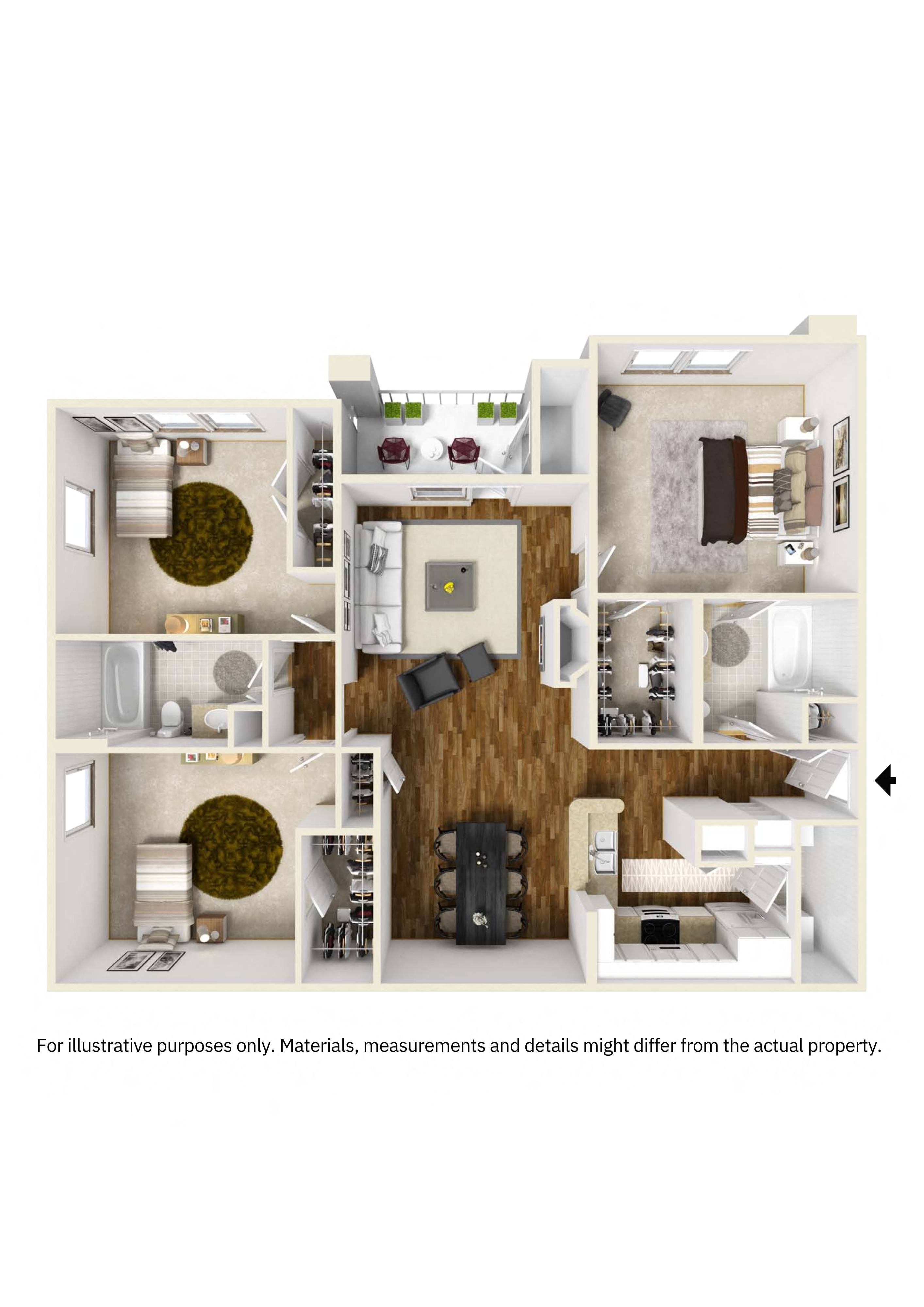 Floor plan for 3 beds, 2 baths, 1389 sqft